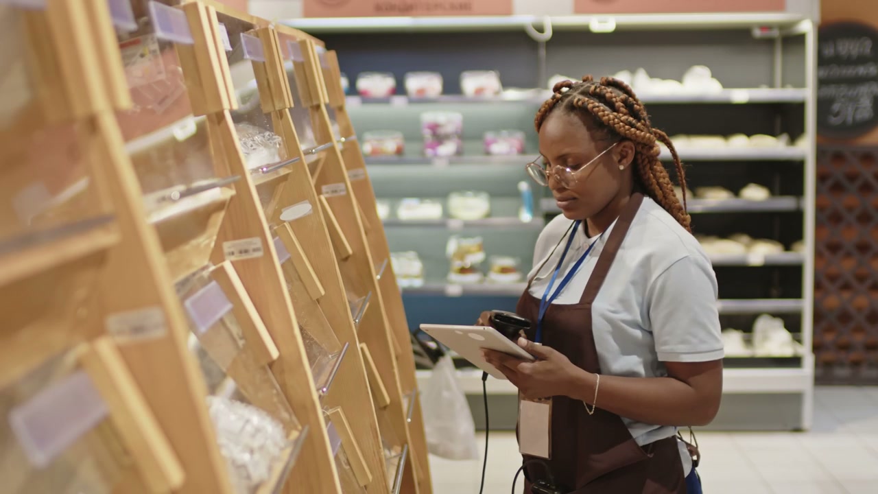 Shop Assistant Auditing Products in Grocery Store