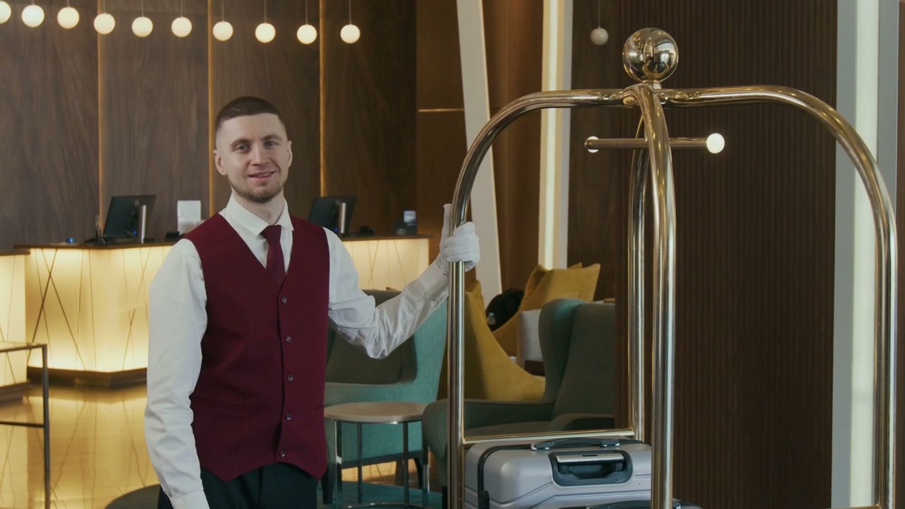 Smiling Hotel Bellhop with Luggage Cart