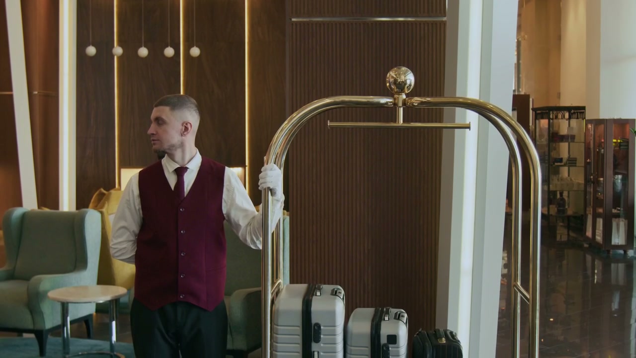Hotel Bellhop Stands with Luggage Cart