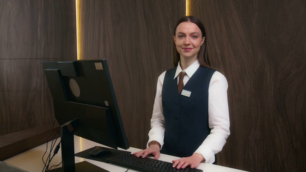Cheerful Hotel Receptionist At Front Desk