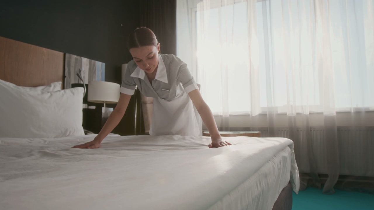 Housekeeper Making Bed in Bright Hotel Room