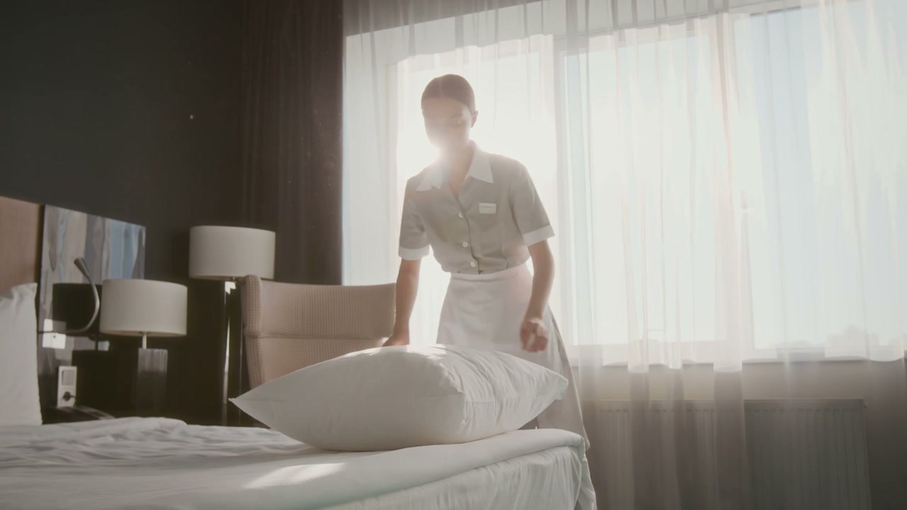 Housekeeper Fluffing Pillows in Hotel Room