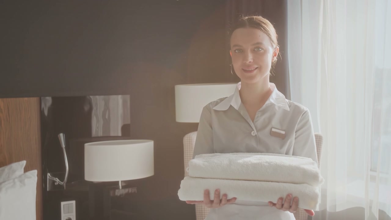 Smiling Housekeeper Holding Towels in Hotel Room
