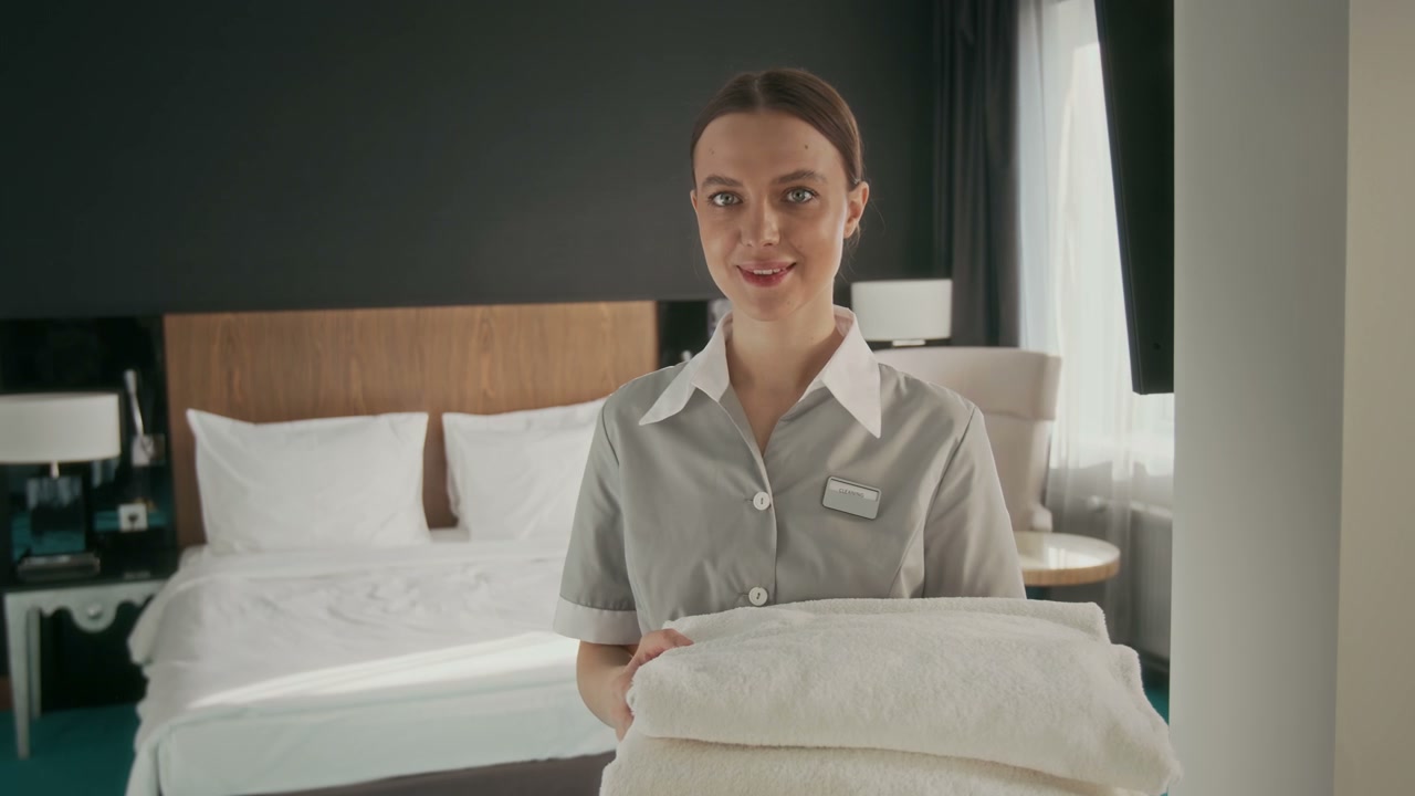 Smiling Housekeeper Holding Towels in Hotel Room