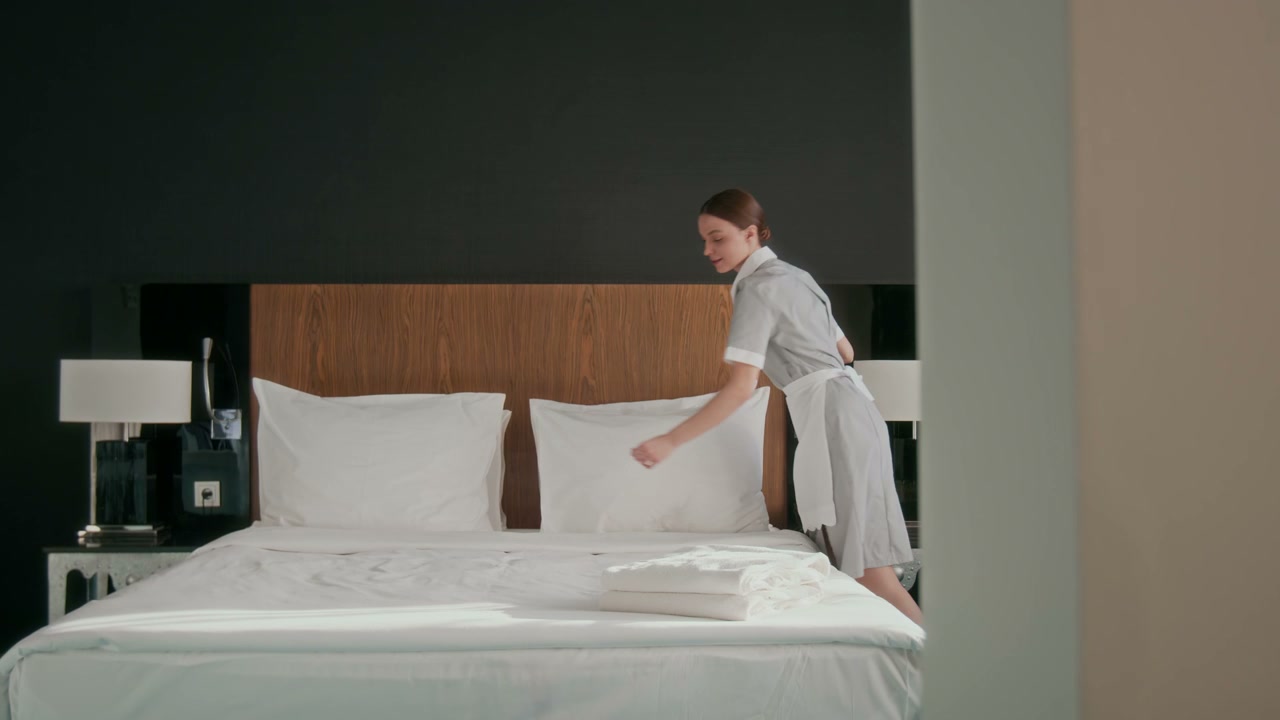 Maid Arranging Bed in Hotel Room