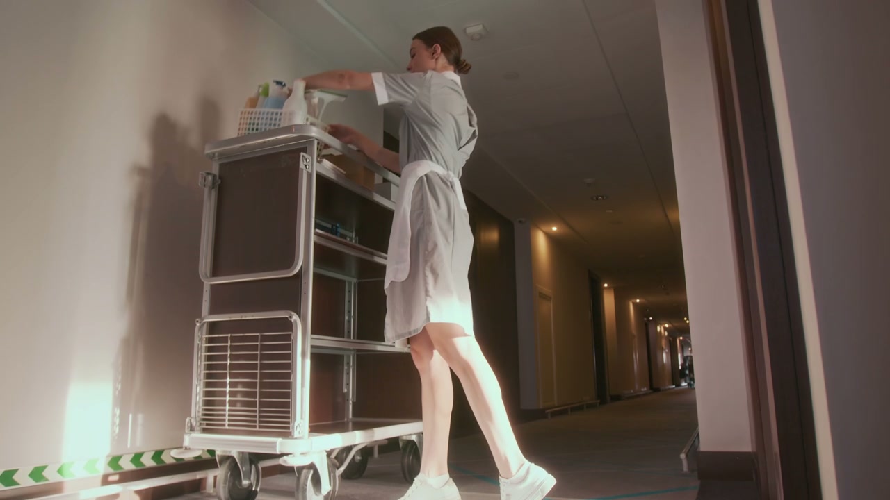 Hotel Housekeeper Pushing Cleaning Cart