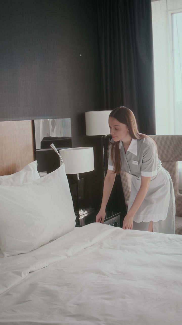 Housekeeper Making Bed in Hotel Room