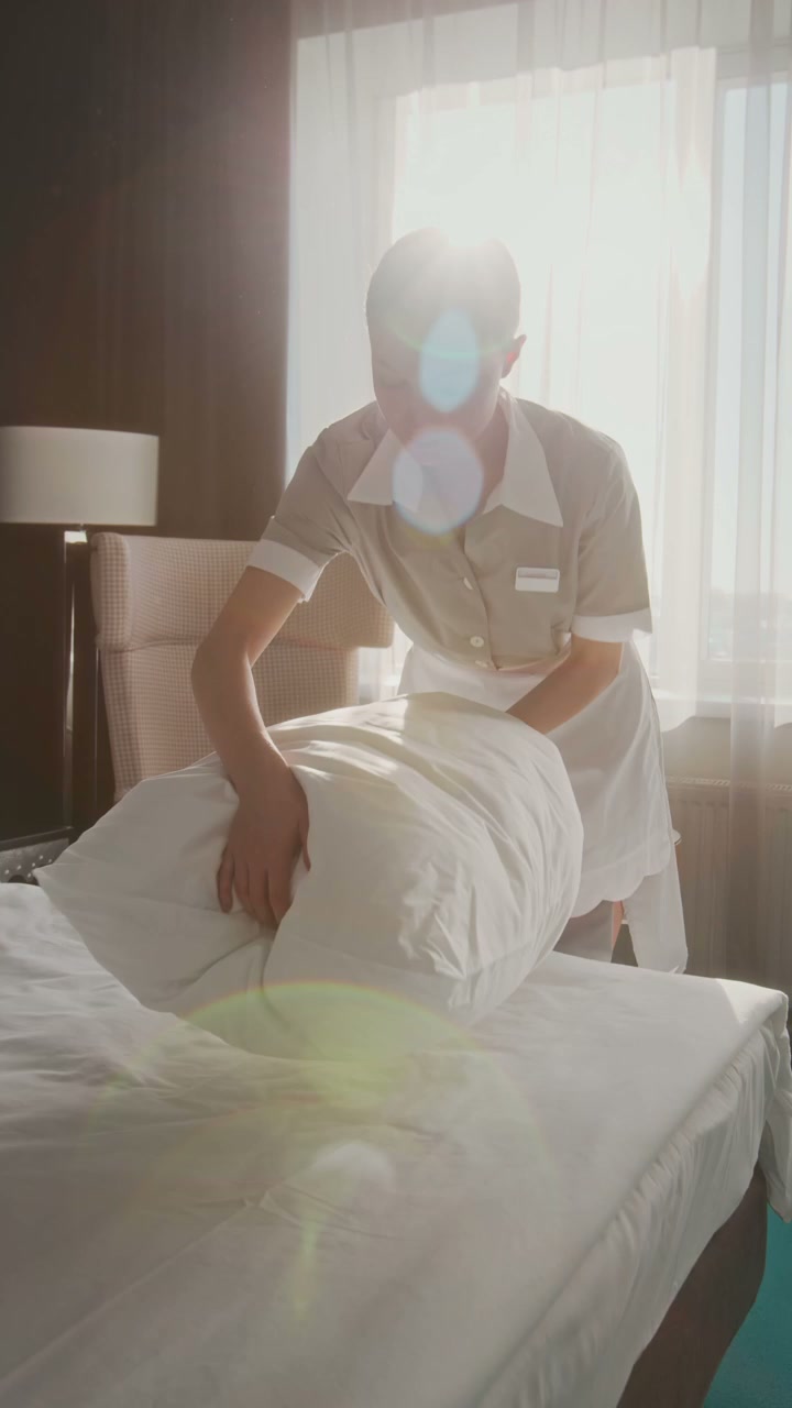 Housekeeper Arranges Pillows in Hotel Room