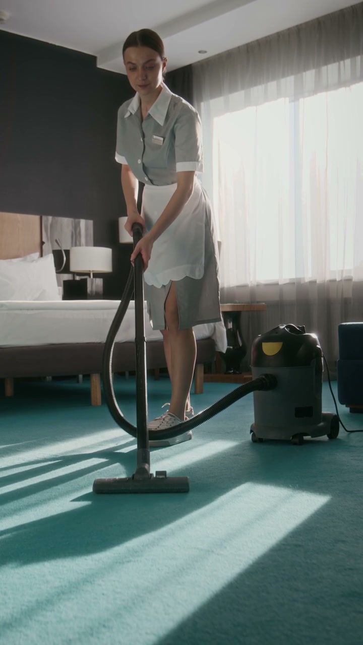 Housekeeper Vacuuming Hotel Room Carpet