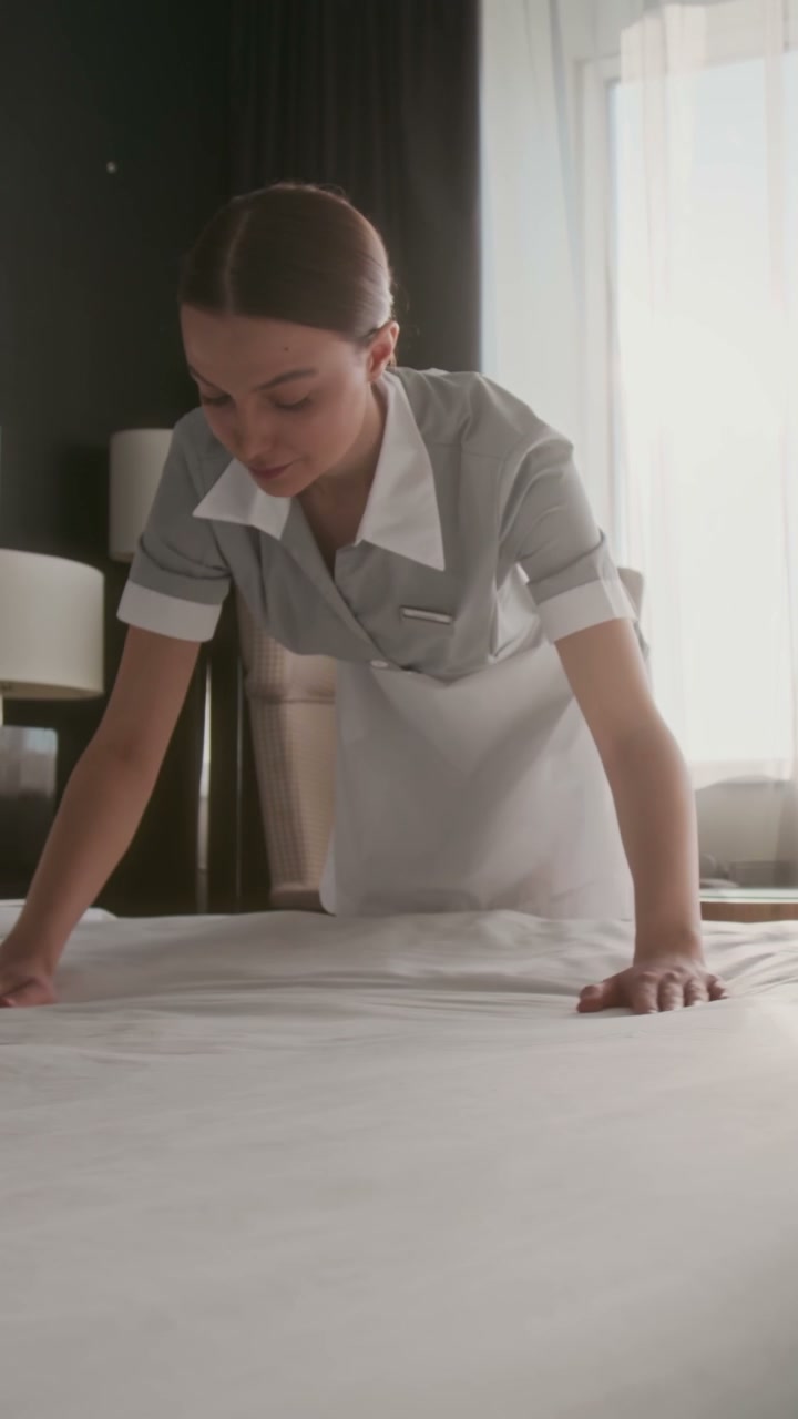 Housekeeper Making Bed in Hotel Room