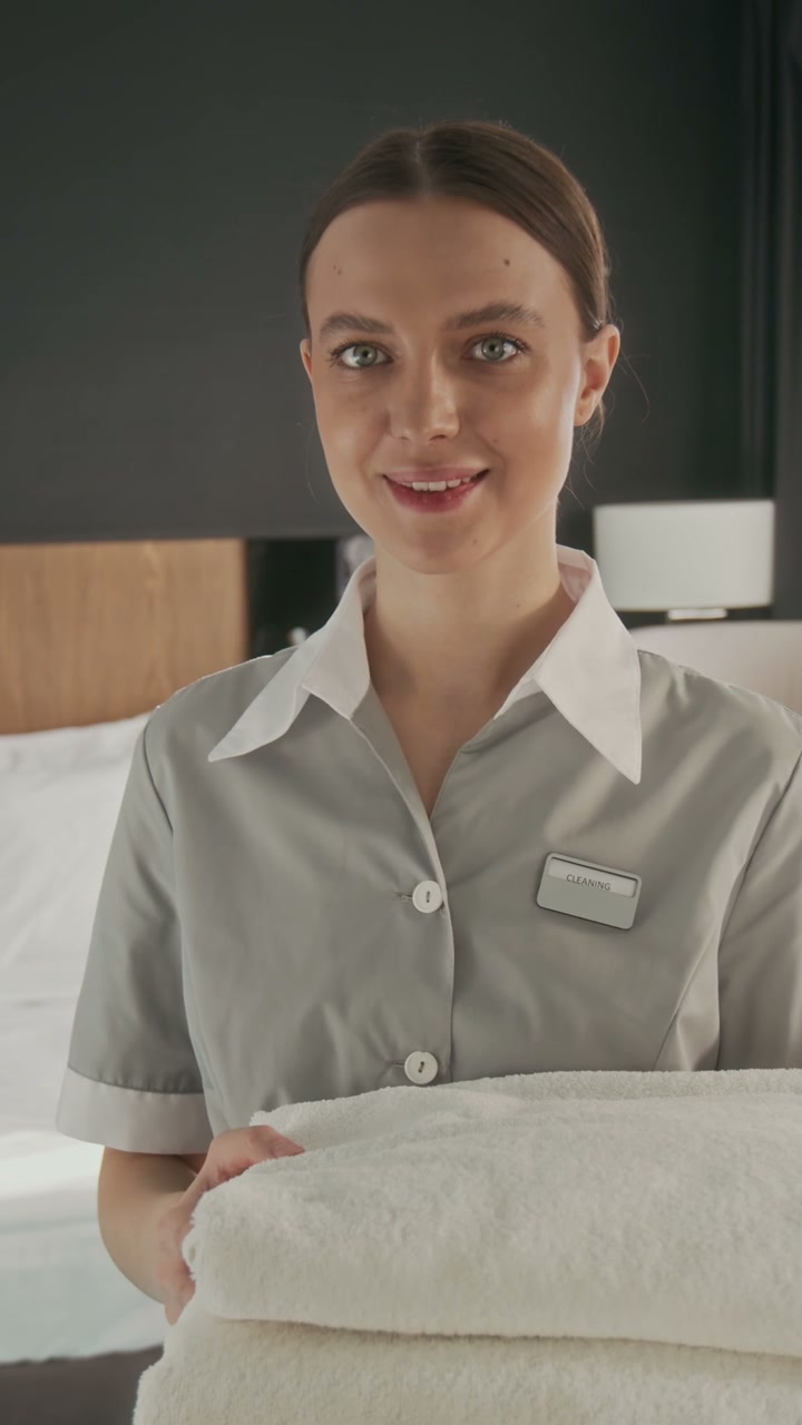 Smiling Hotel Housekeeper Holding Towels