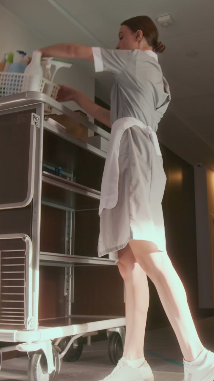 Hotel Housekeeper Pushing Cleaning Cart