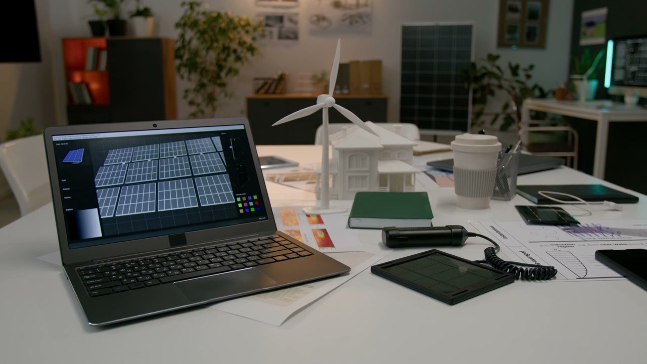 Renewable Energy Design on Laptop in Office