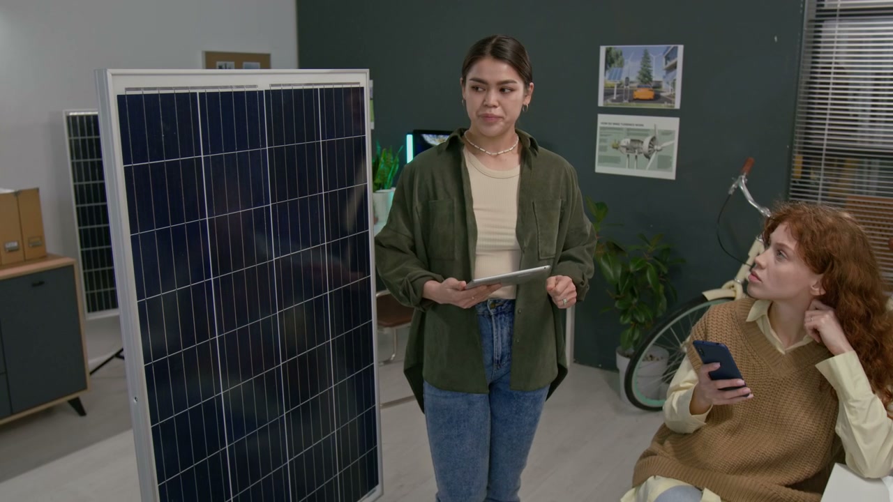 Woman Presenting Solar Panel in Office