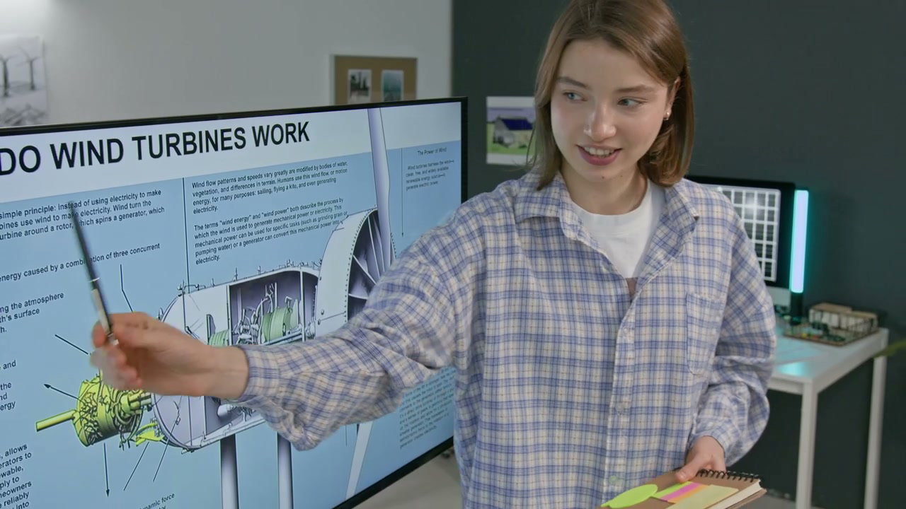 Woman Explaining Wind Turbine Diagram