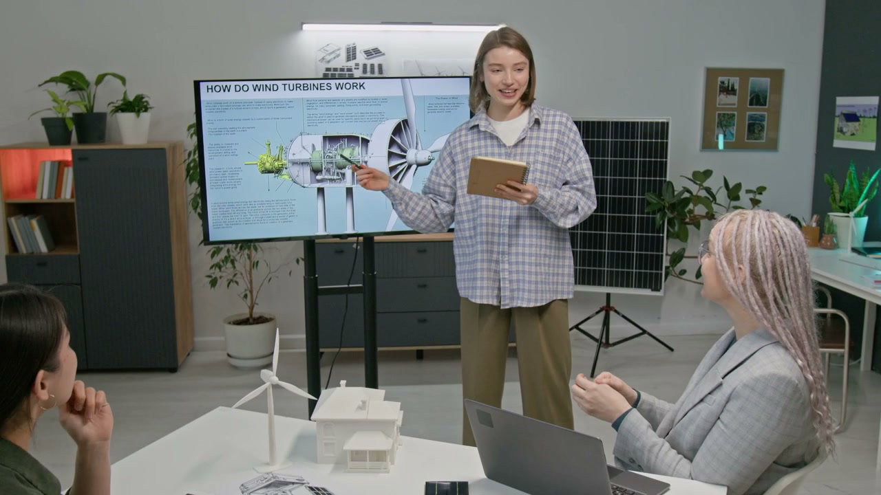 Woman Presenting Wind Turbine Diagram in Office