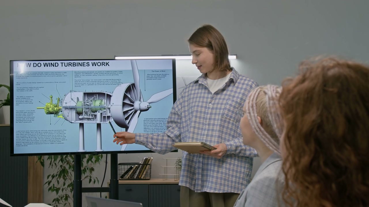 Woman Presenting Wind Turbine Diagram in Office