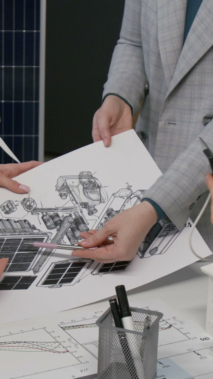 Engineers Discussing Solar Panel Blueprint