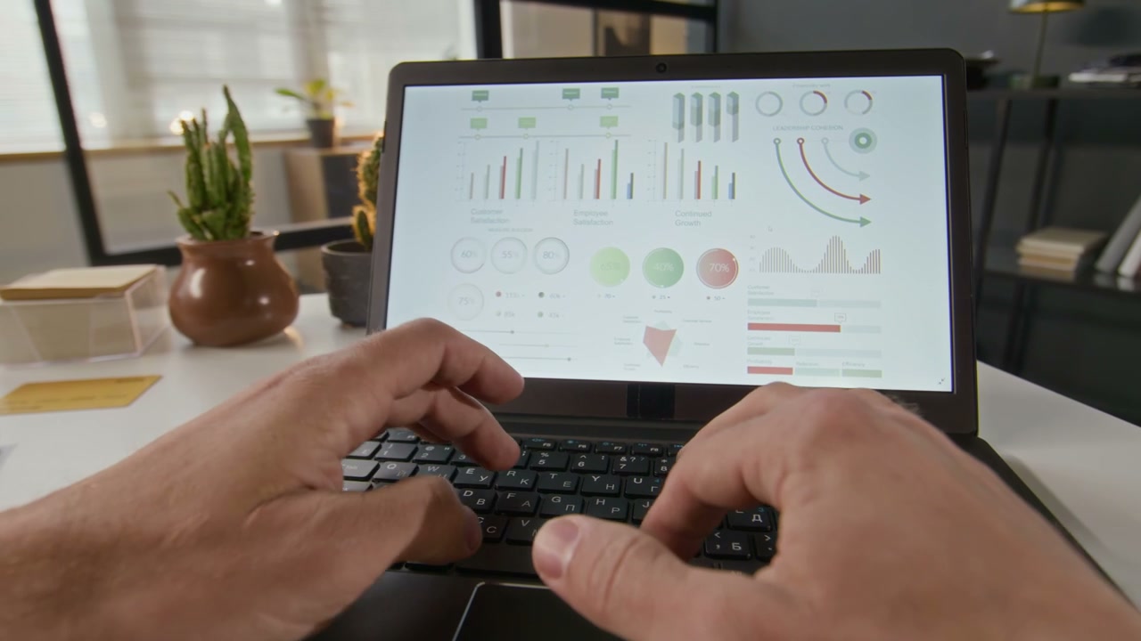 Hands Working on Laptop with Business Analytics