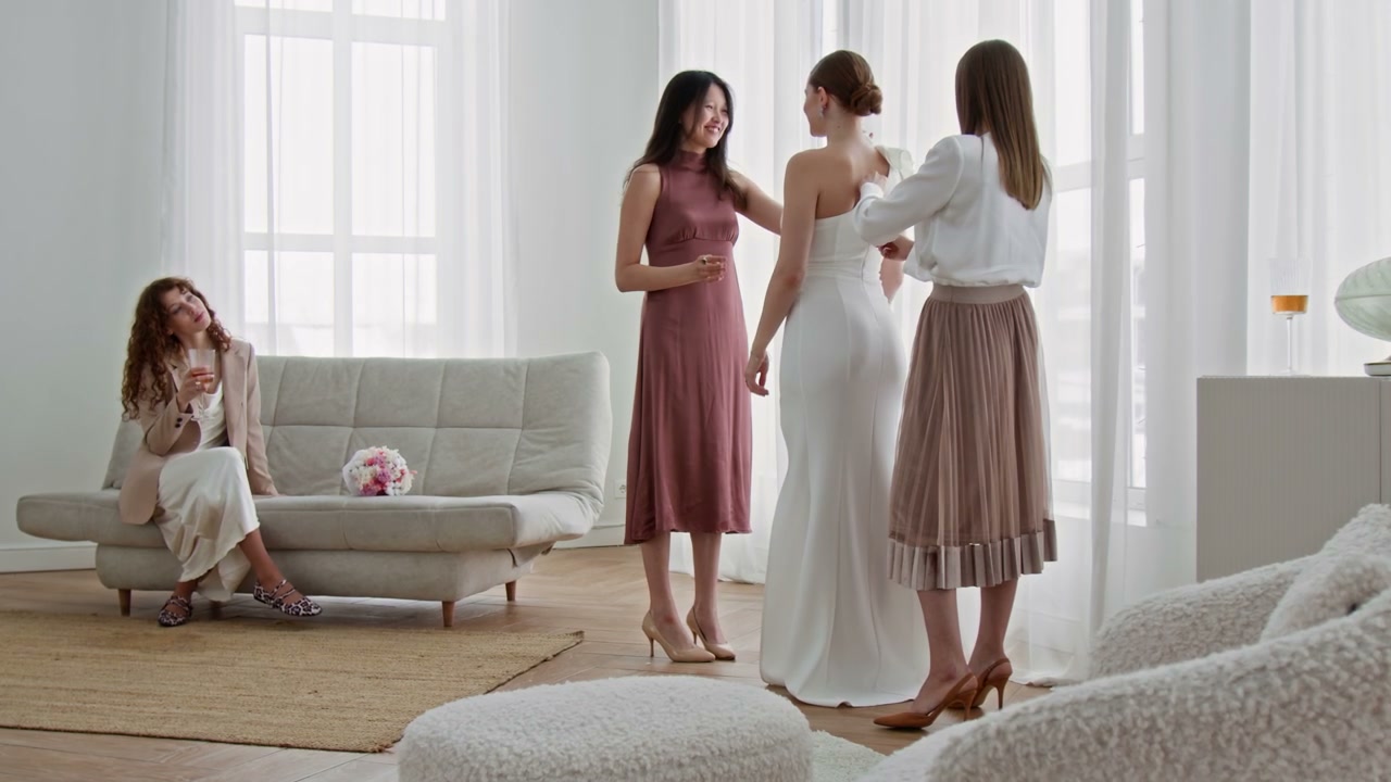 Friends Helping Bride Prepare for Wedding
