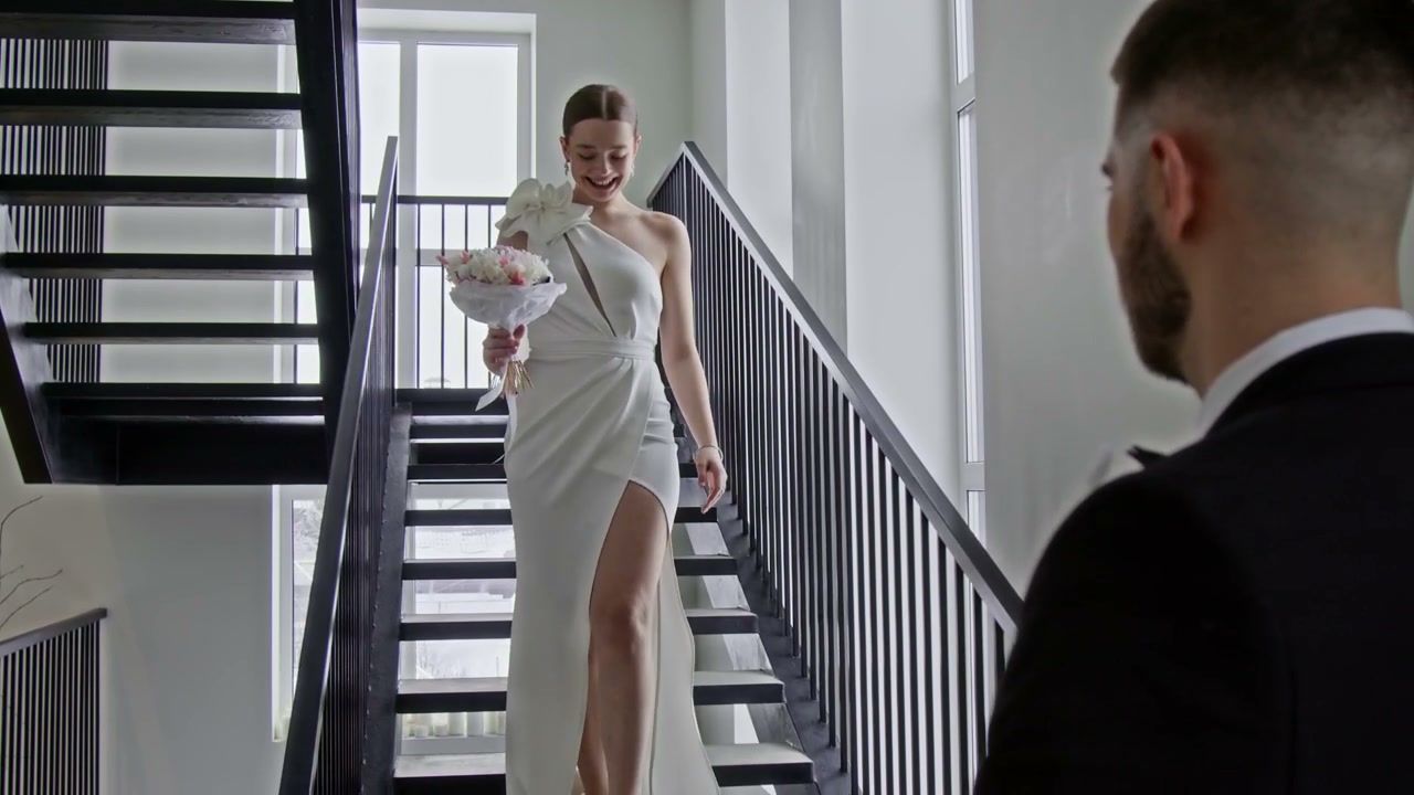 Elegant Bride Meets Groom on Stairs