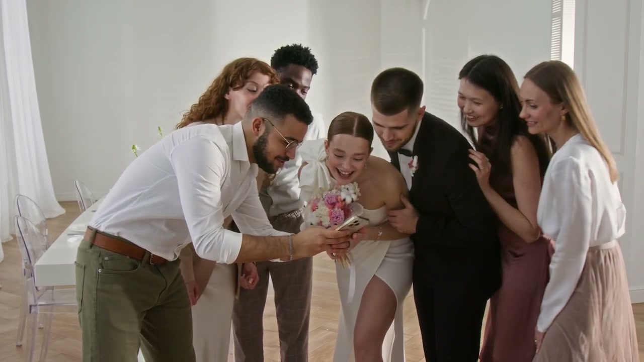 Diverse Friends Take Wedding Celebration Selfie