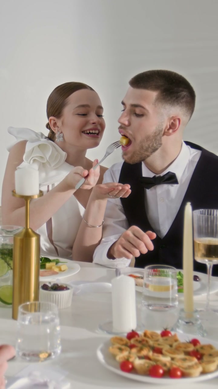Happy Wedding Couple at Dinner