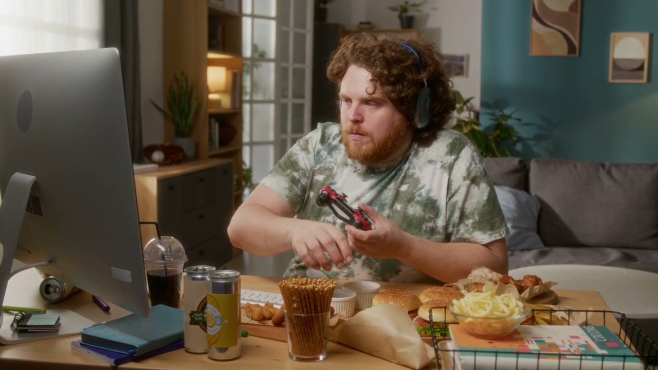 Man Playing Video Game and Eating Fast Food
