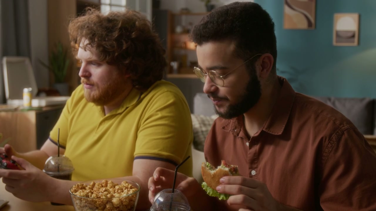 Friends Playing Video Games and Eating Fast Food