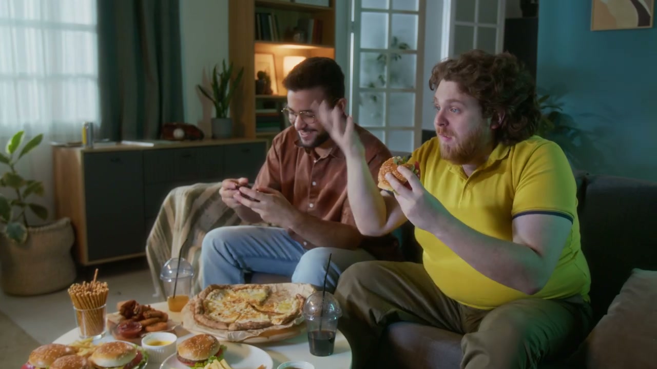 Friends Playing Video Games and Eating Fast Food