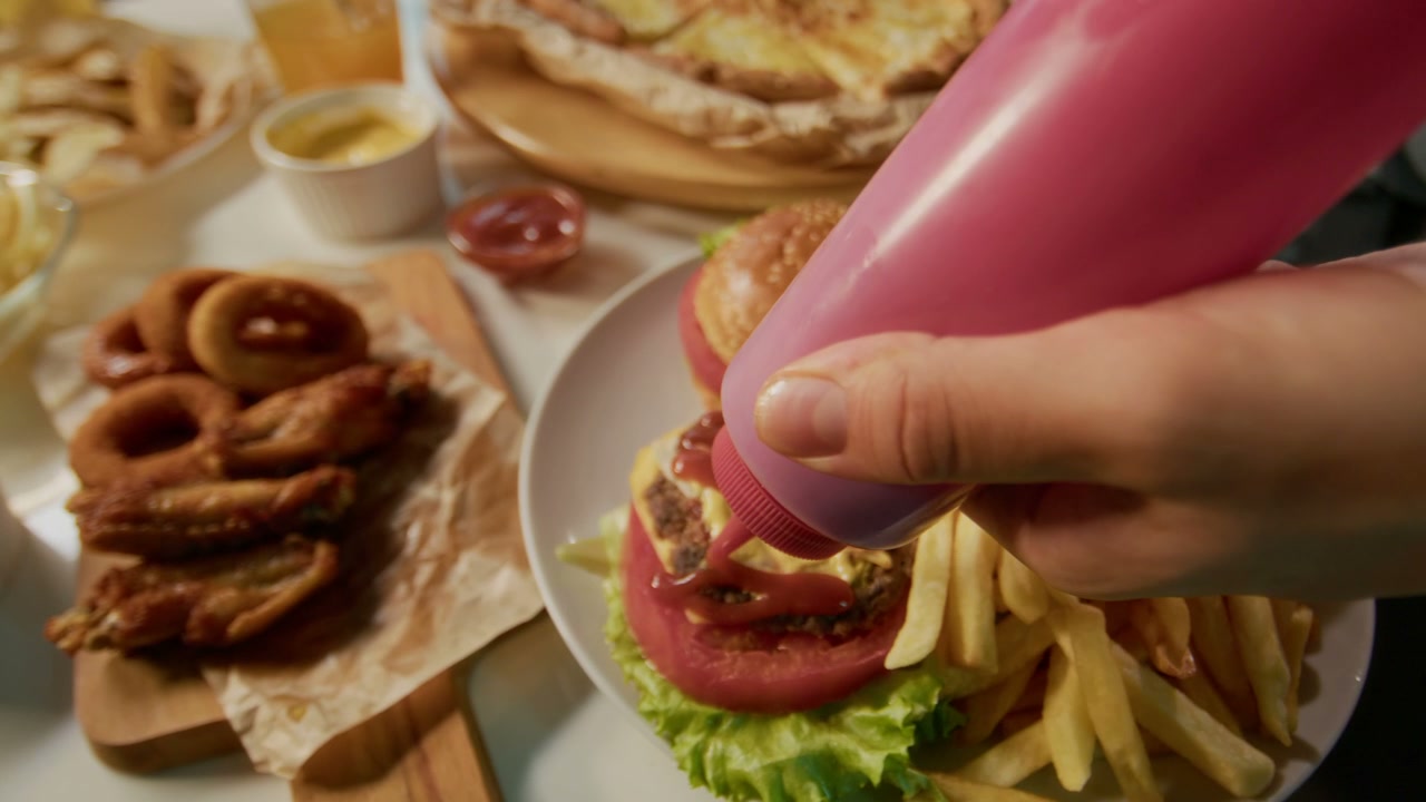 Close-Up of Hand Squeezing Ketchup on Burger