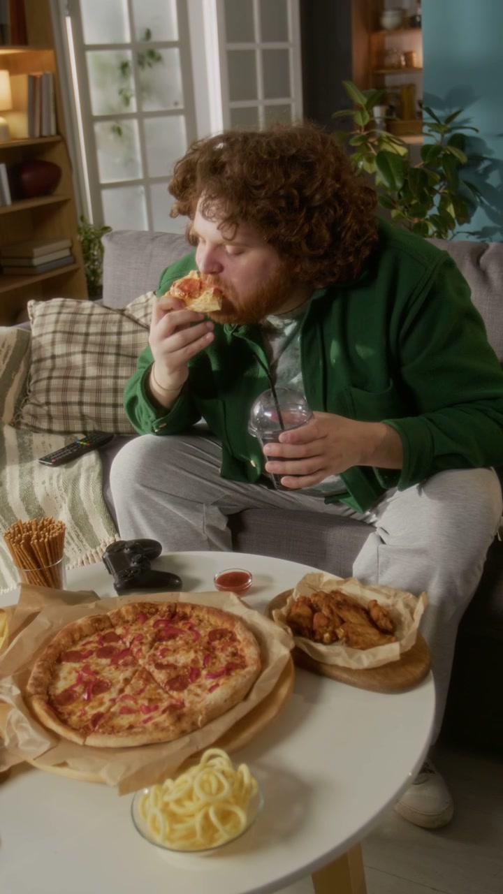 Man Eating Pizza and Fast Food on Sofa