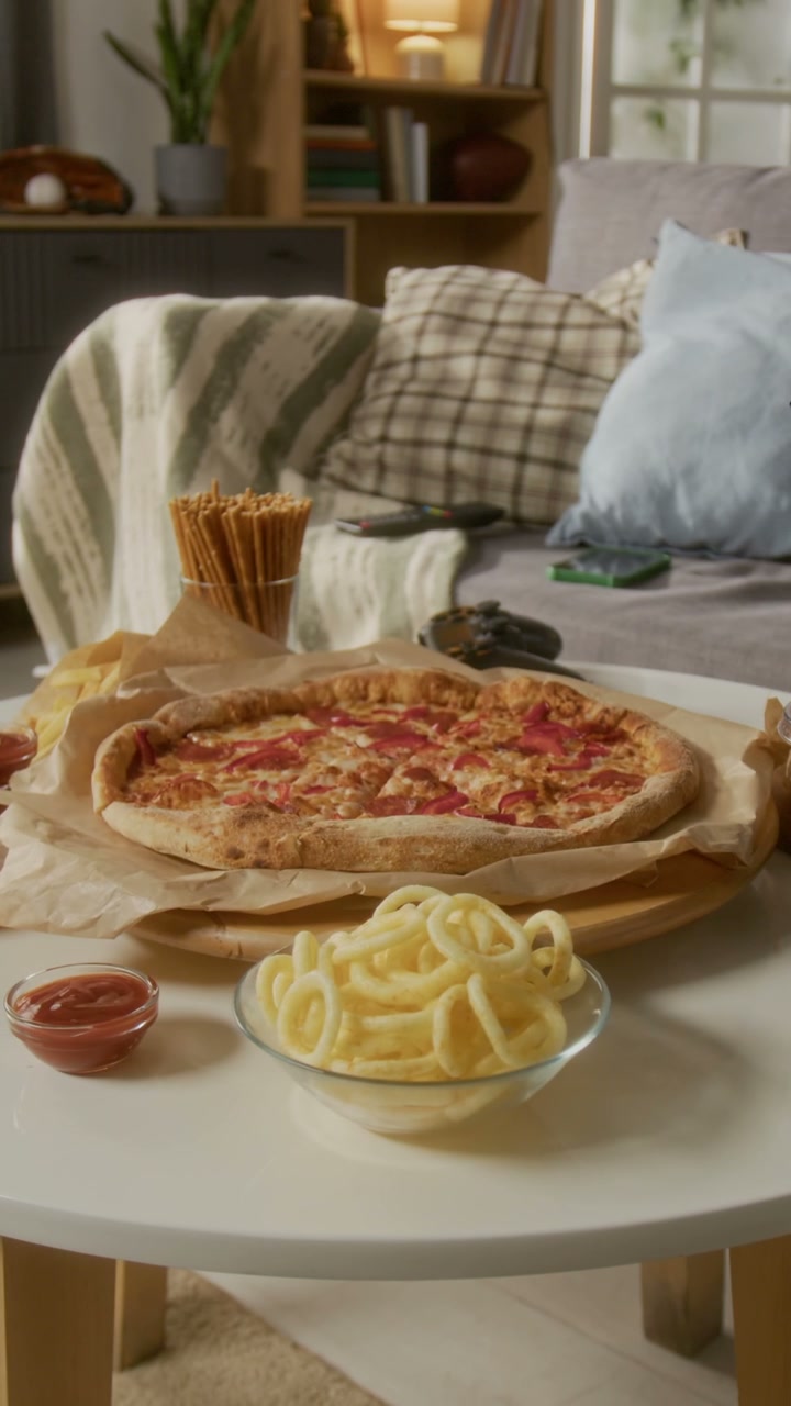 Pizza and Fast Food Snacks on Coffee Table