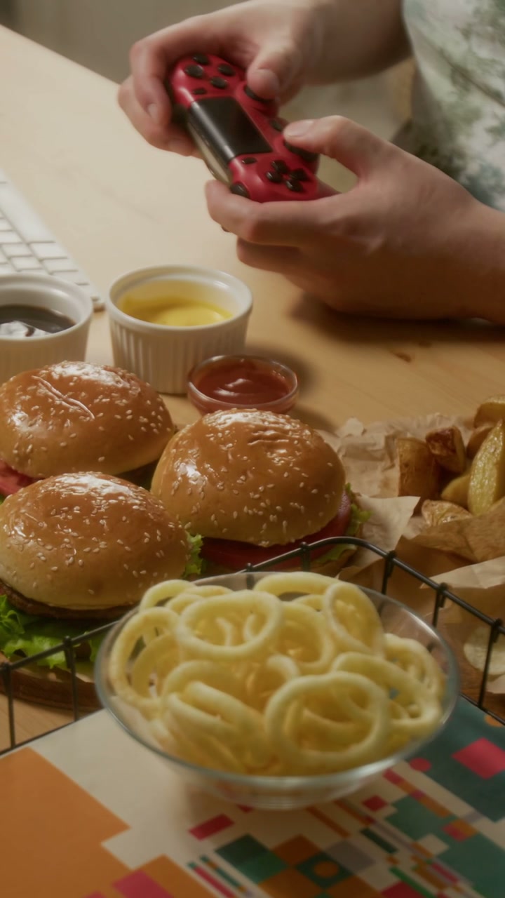 Person Playing Video Game with Fast Food Meal