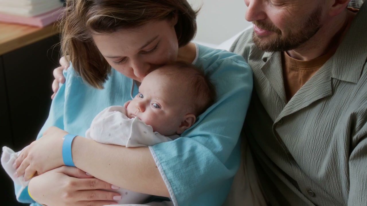 New Parents Cradling Newborn in Hospital Room