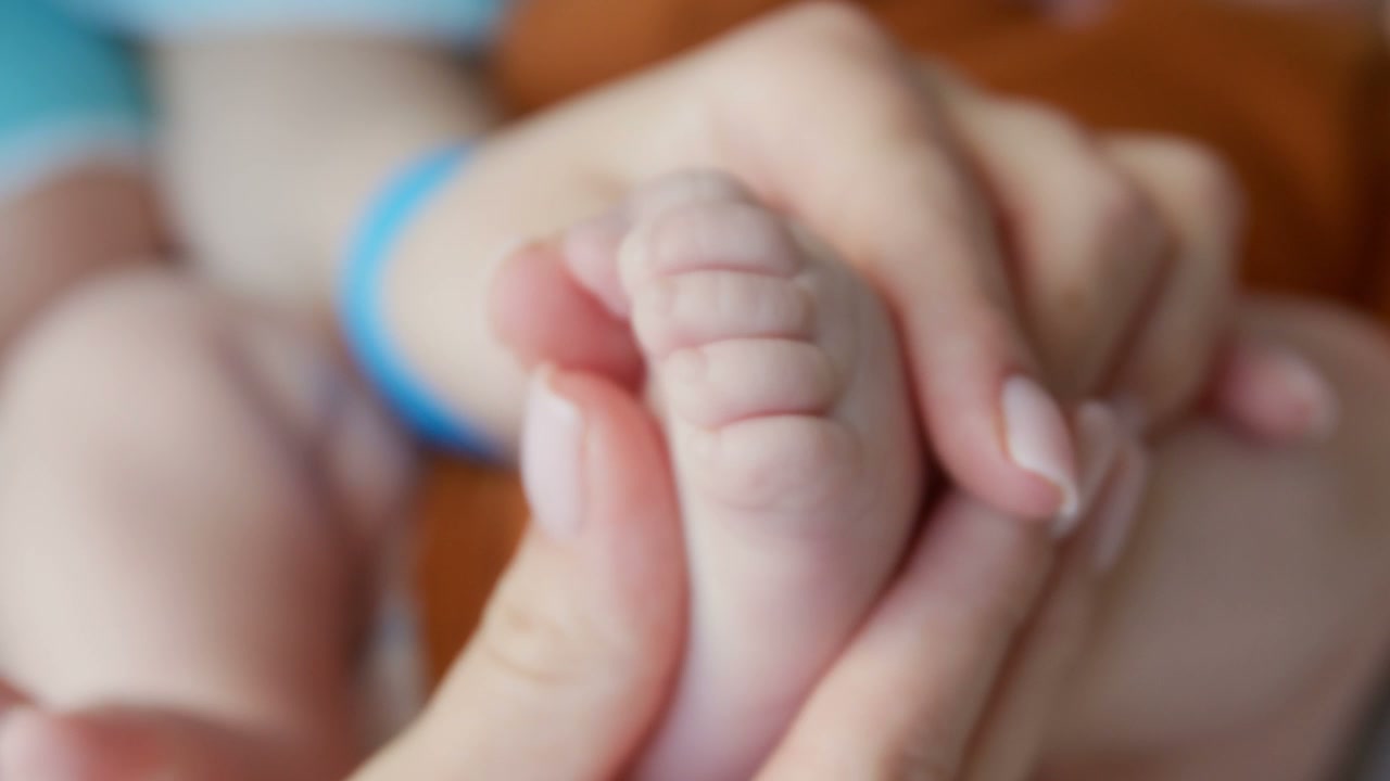 Mother's Hand Holds Newborn Baby's Foot