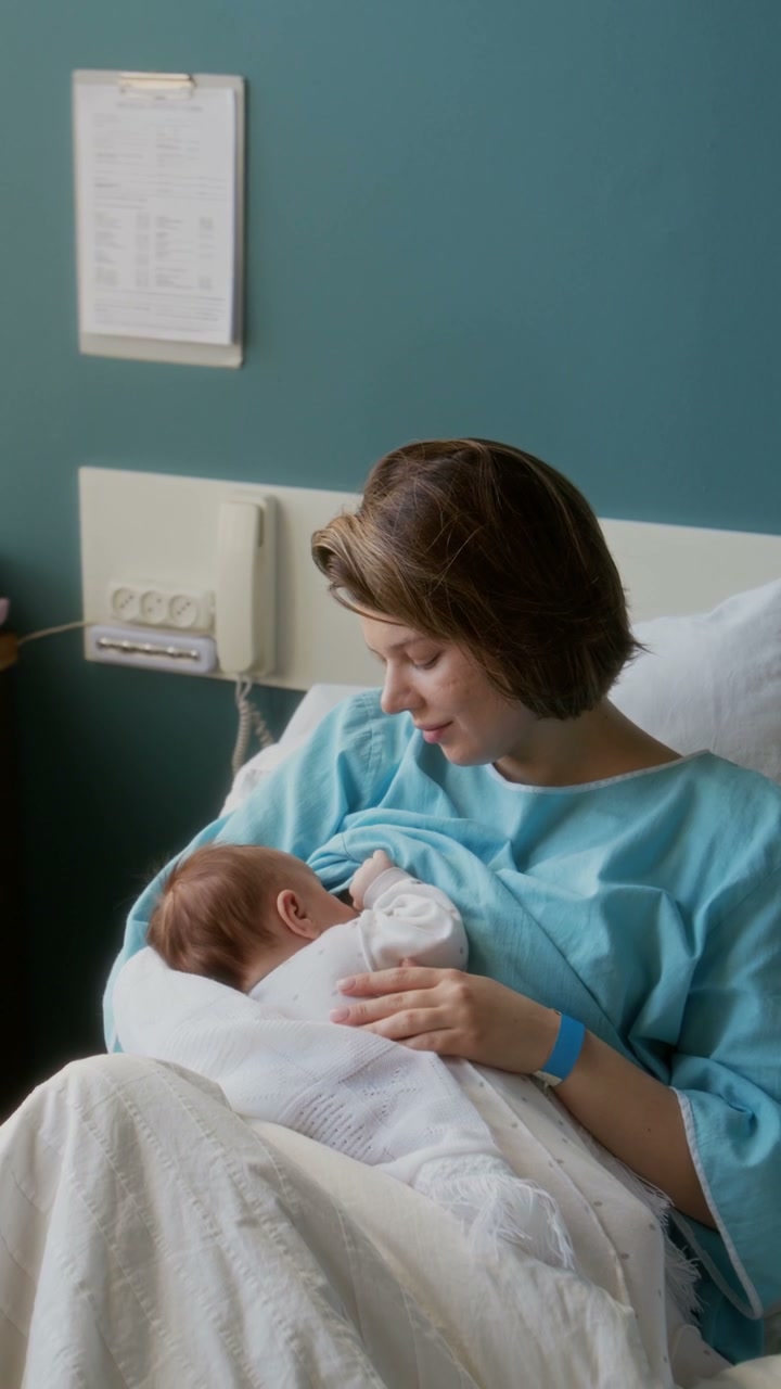 Mother Breastfeeding Newborn in Hospital Bed