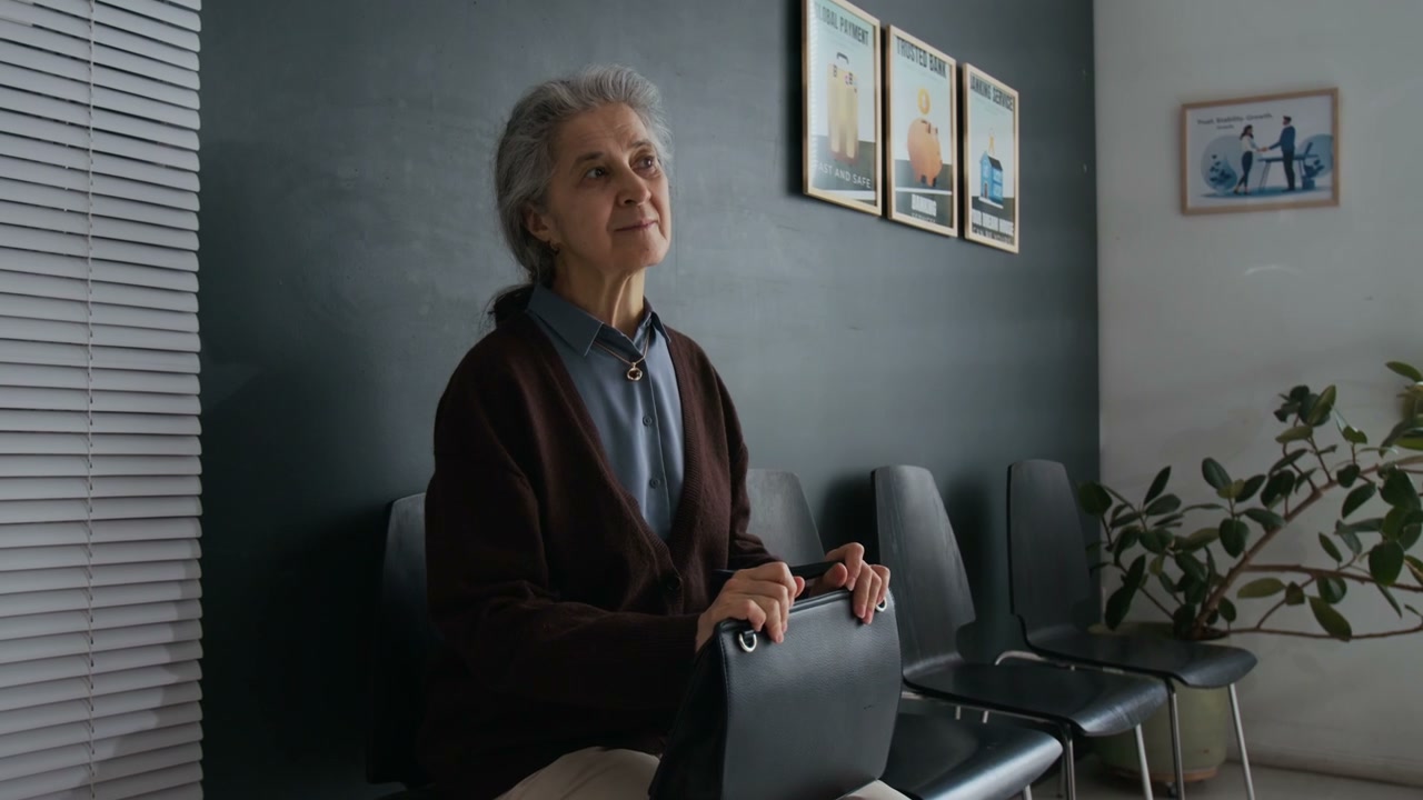 Senior Woman Waiting in Bank Lobby