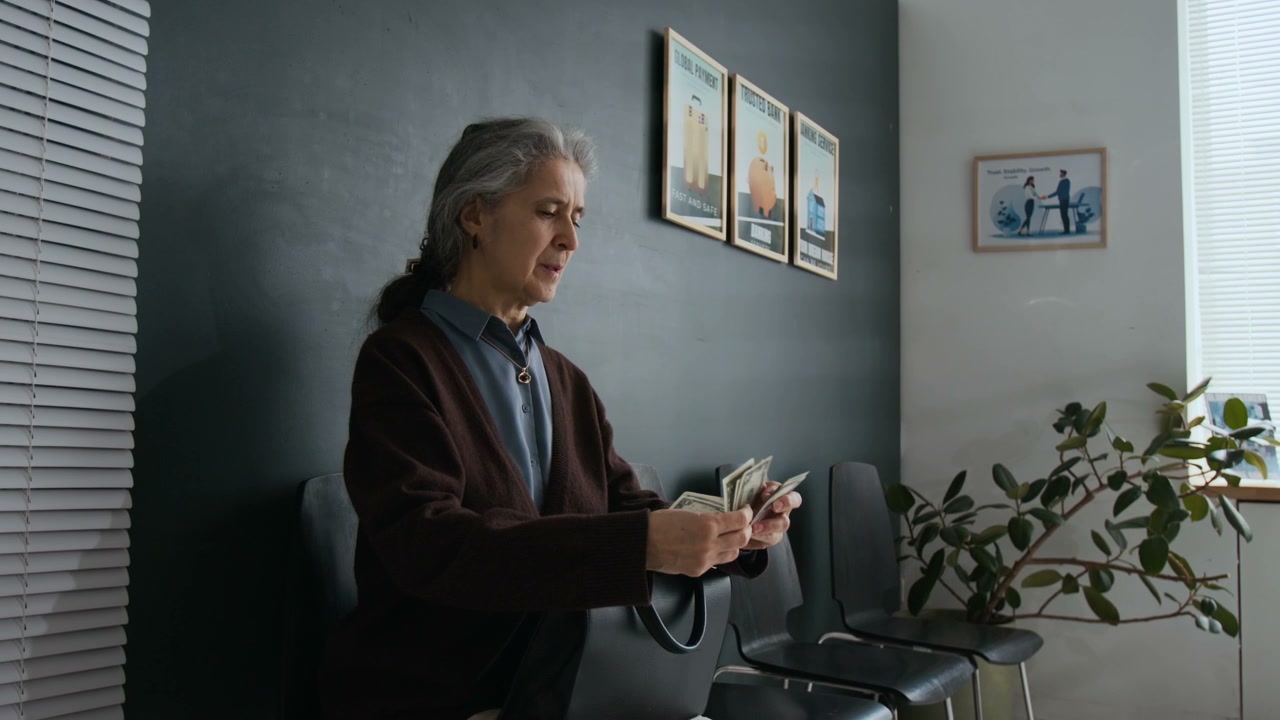 Elderly Woman Counting Cash in Waiting Room