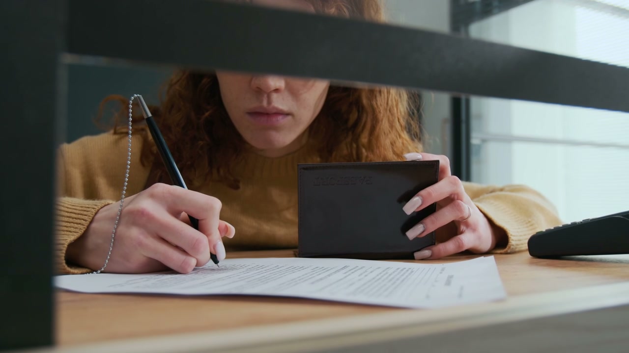 Woman Filling Out Document at Bank Counter