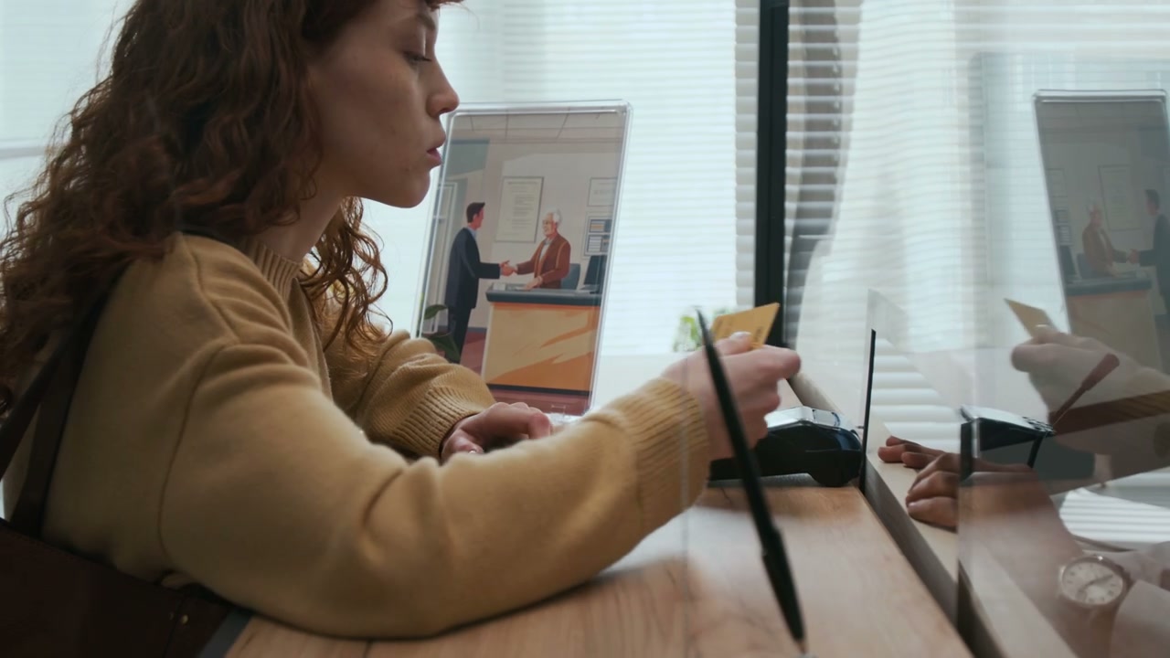 Woman Making Card Payment and Receiving Receipt in Bank