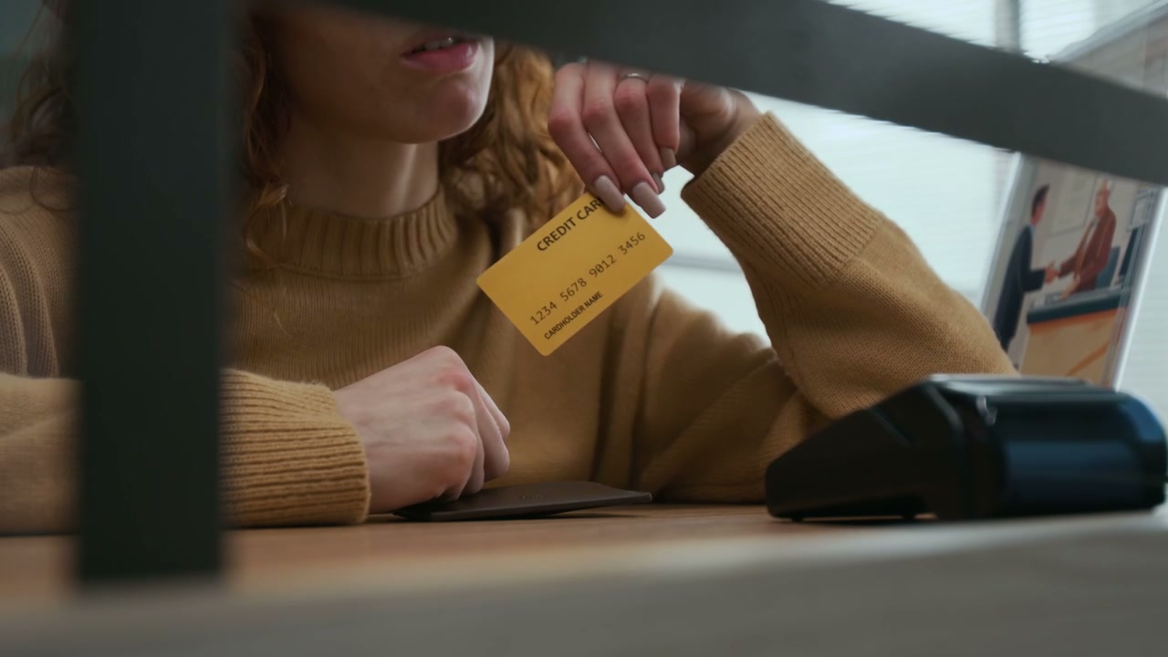 Woman Holding Credit Card at Bank Counter