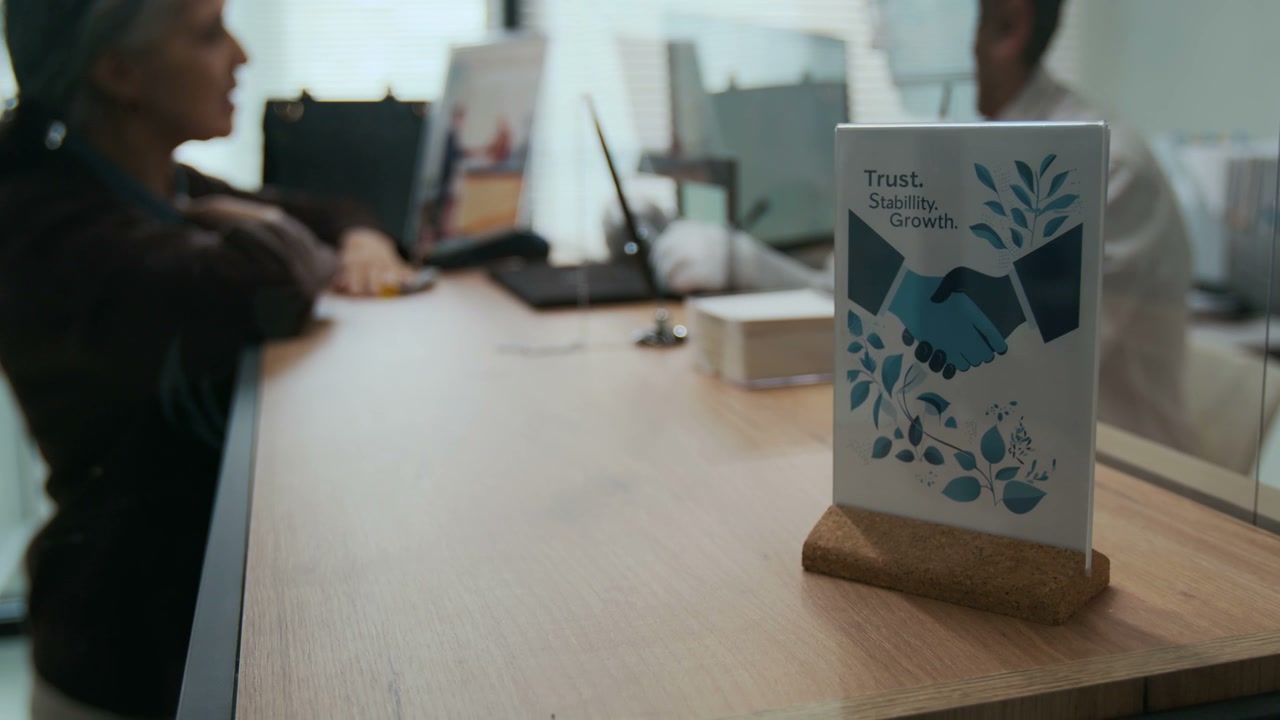 Close-up of Promotional Card in Acrylic Holder on Reception Desk in Bank Office