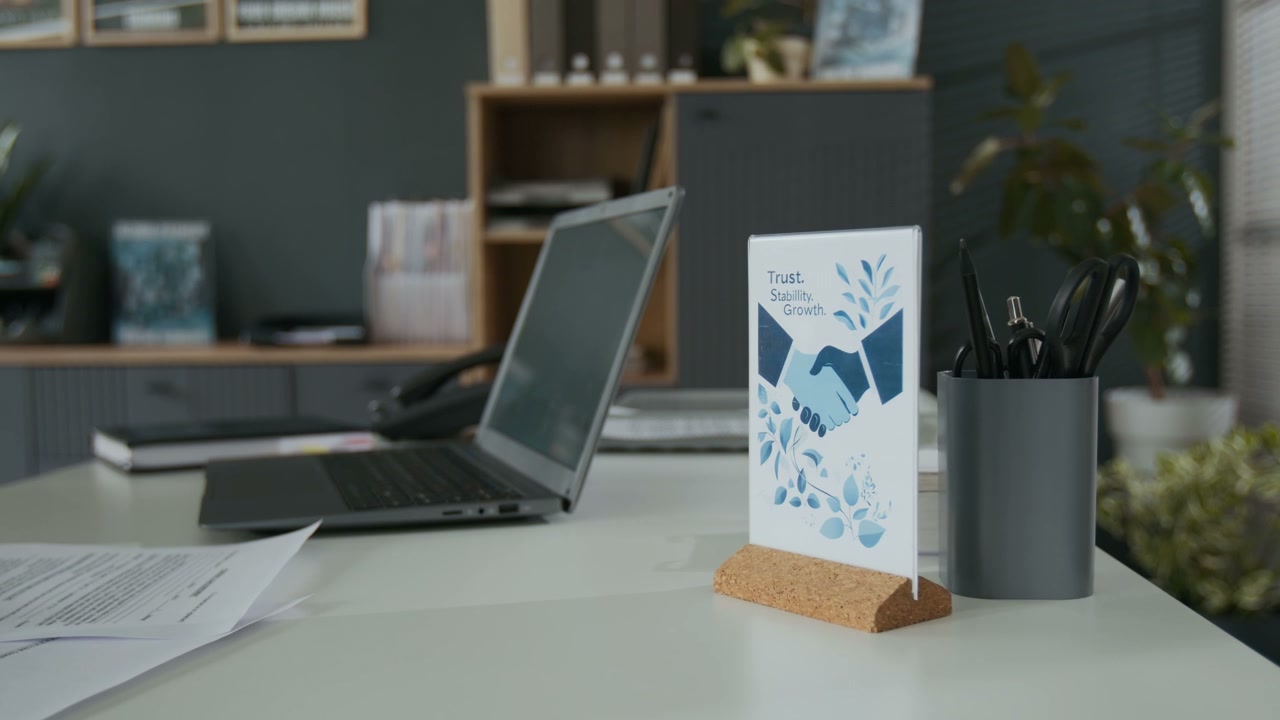 No People Shot of Office Desk with Laptop, Paperwork and Motivational Sign
