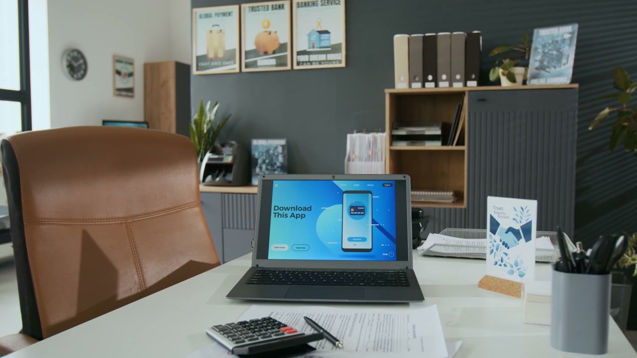 Modern Office Desk with Laptop and Banking App