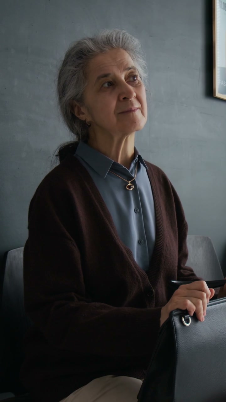 Elderly Woman Patiently Waiting in Bank Office Queue