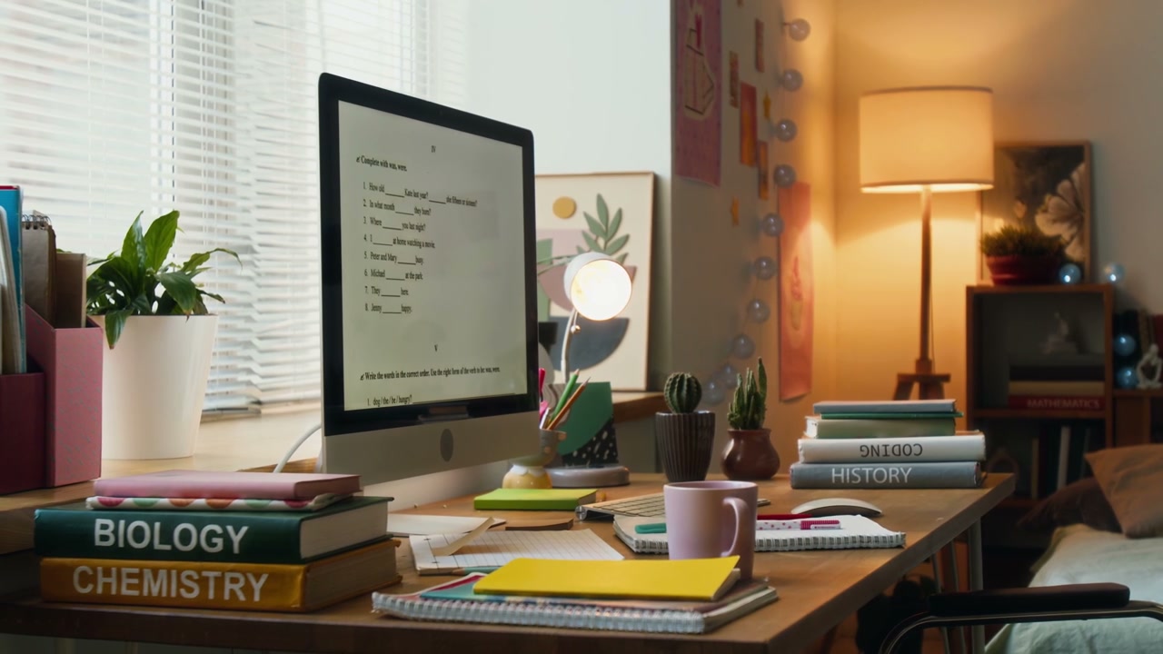 Cozy Student Desk with Computer and Textbooks