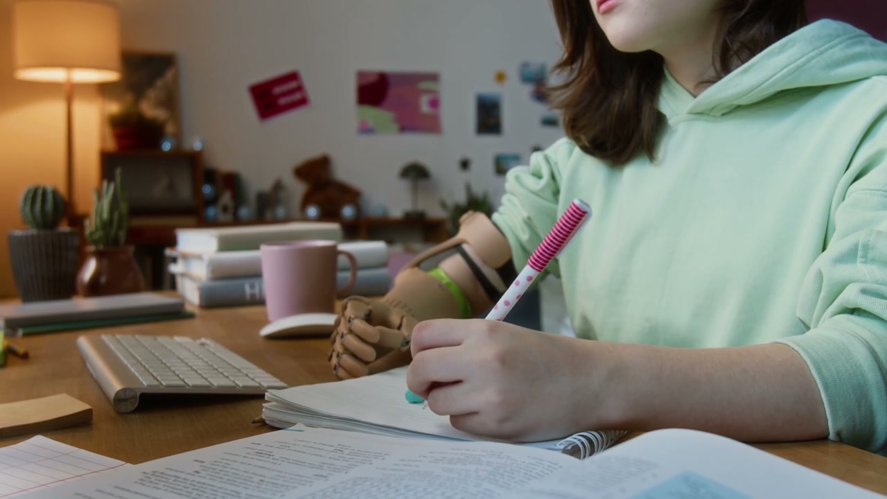 Student with Prosthetic Arm Writing Homework