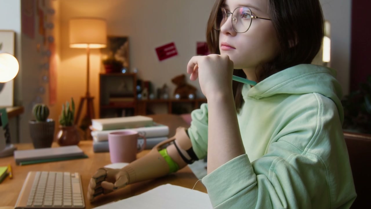 Student with Prosthetic Arm Studying at Desk