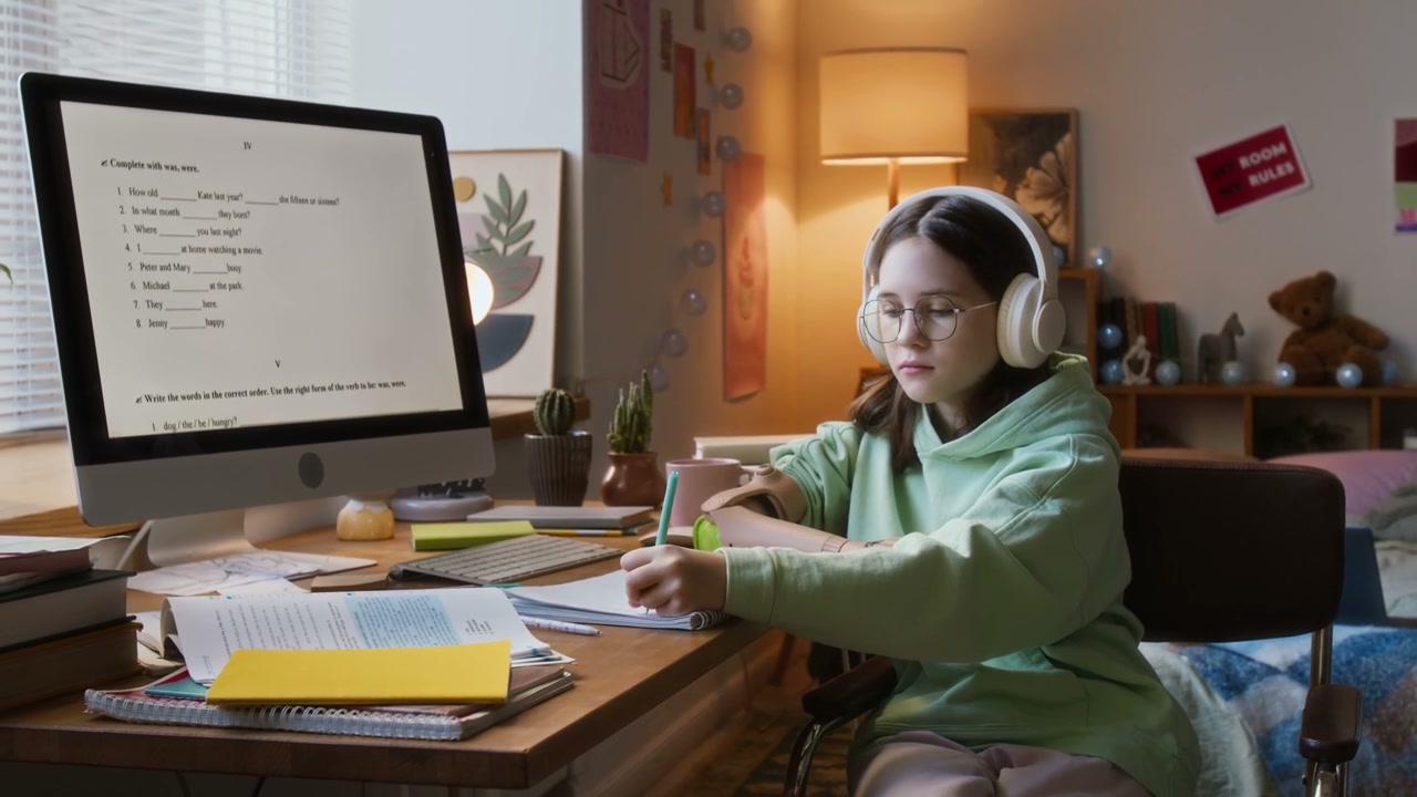 Teenage Girl with Prosthetic Arm Studying